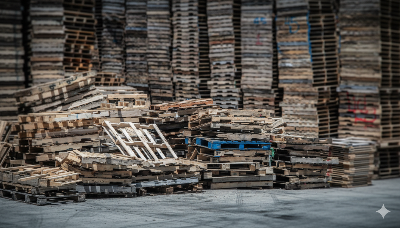 Pallets Stacks along with broken ones in the yard