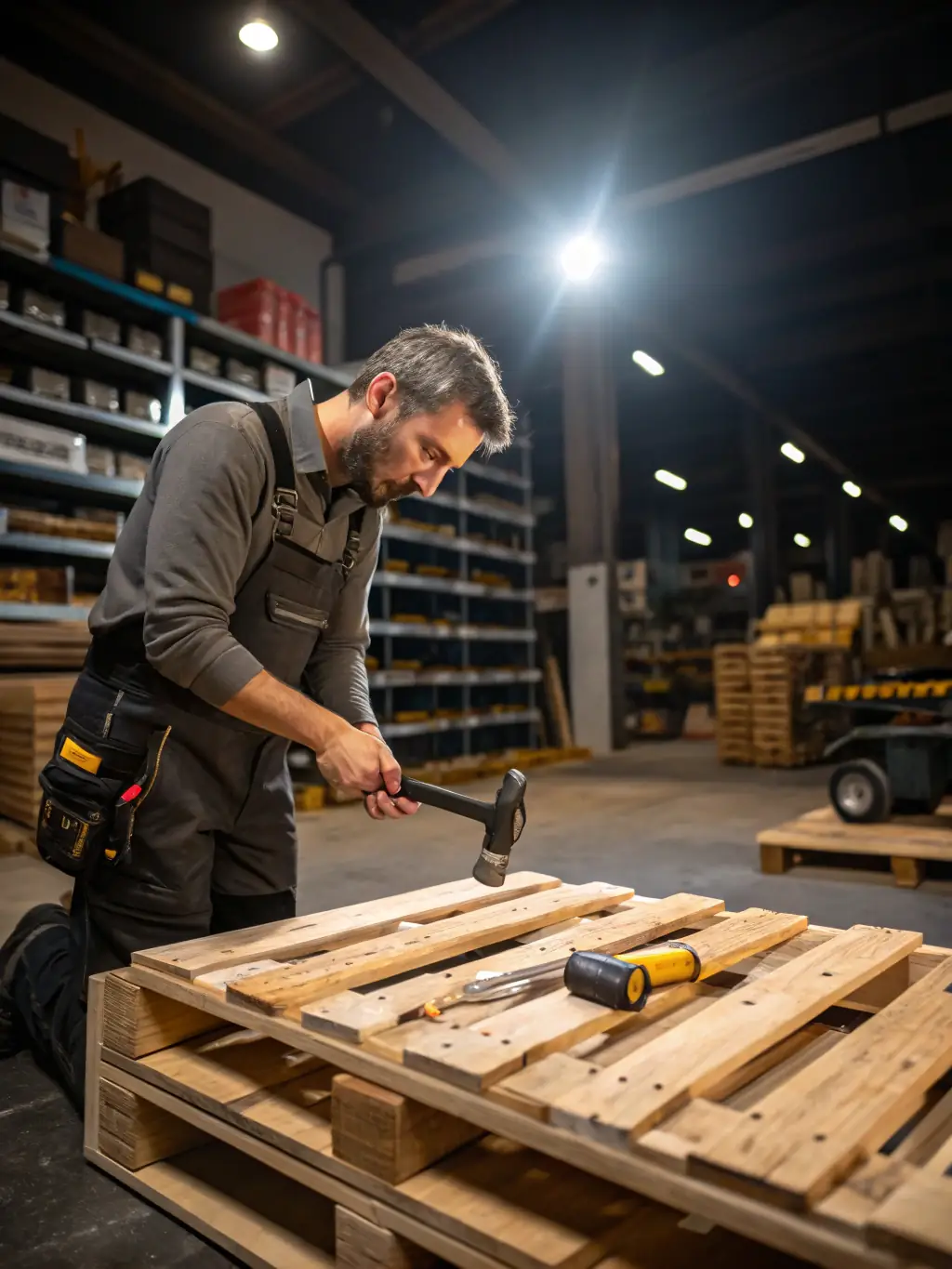 A technician repairing a wooden pallet with tools in a workshop setting, demonstrating Express Pallet Collection's commitment to extending the life of pallets through recycling and repair services.