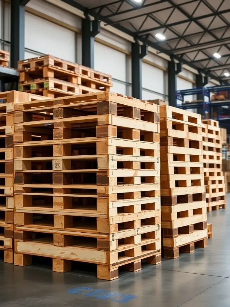 A high-quality image showcasing newly manufactured wooden pallets stacked neatly in a warehouse, emphasizing their durability and uniform construction, suitable for use on the Express Pallet Collection website.