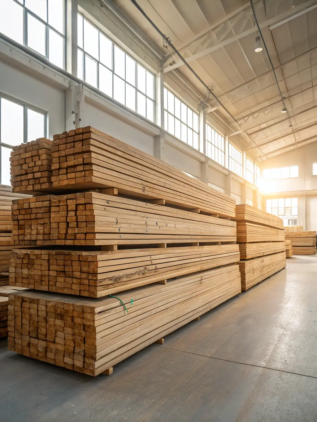 An image showcasing stacks of freshly manufactured wooden pallets in a modern warehouse, highlighting the quality and precision of Express Pallet Collection's new pallet manufacturing service.