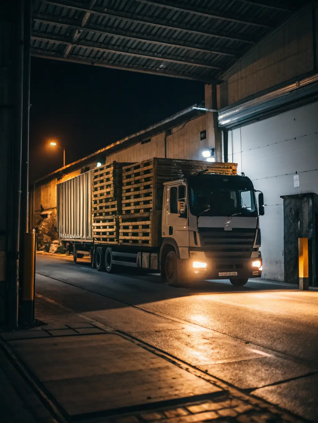 A delivery truck loaded with pallets leaving a warehouse, illustrating Express Pallet Collection's efficient and reliable bulk order and delivery service.