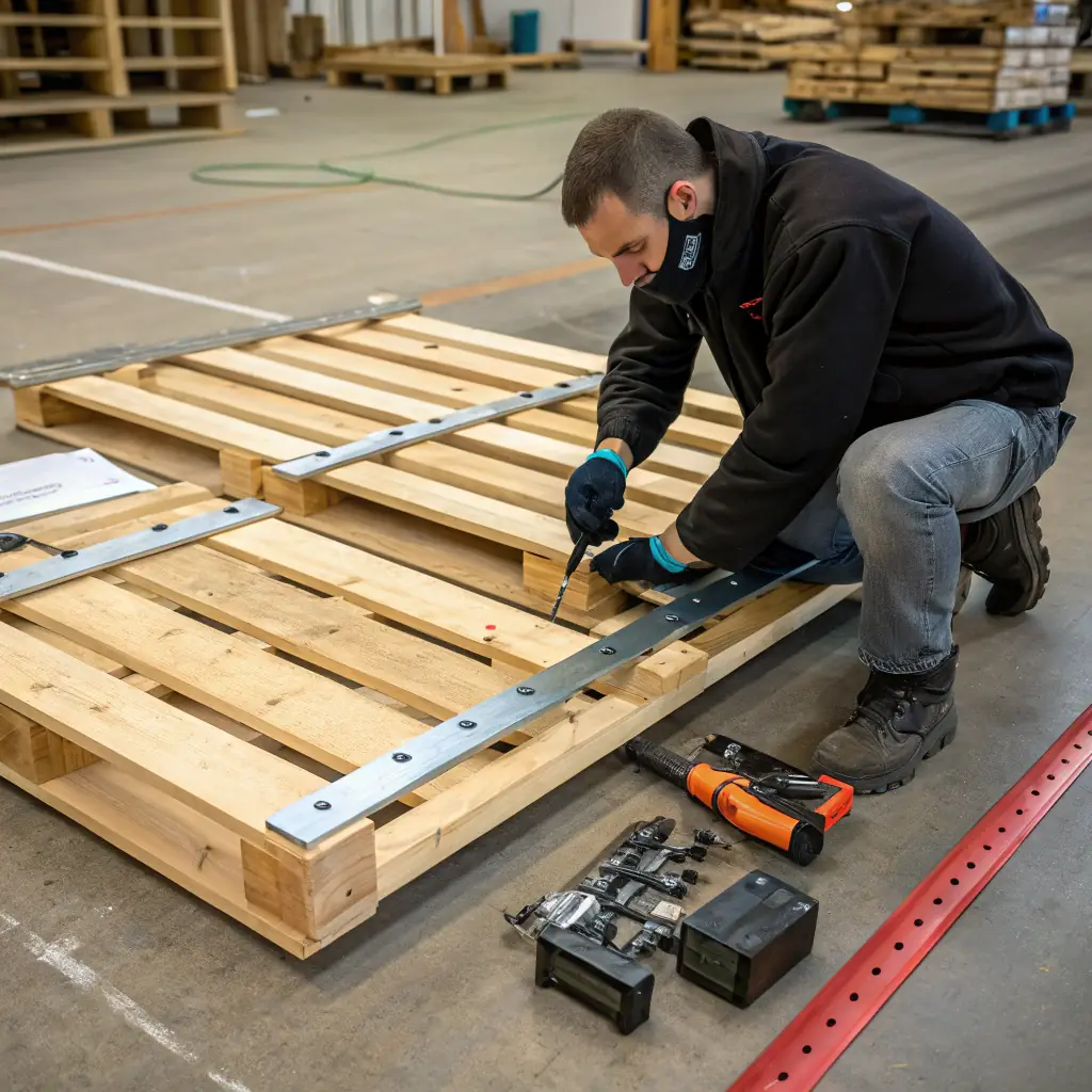 Man assembling wooden pallets with tools.