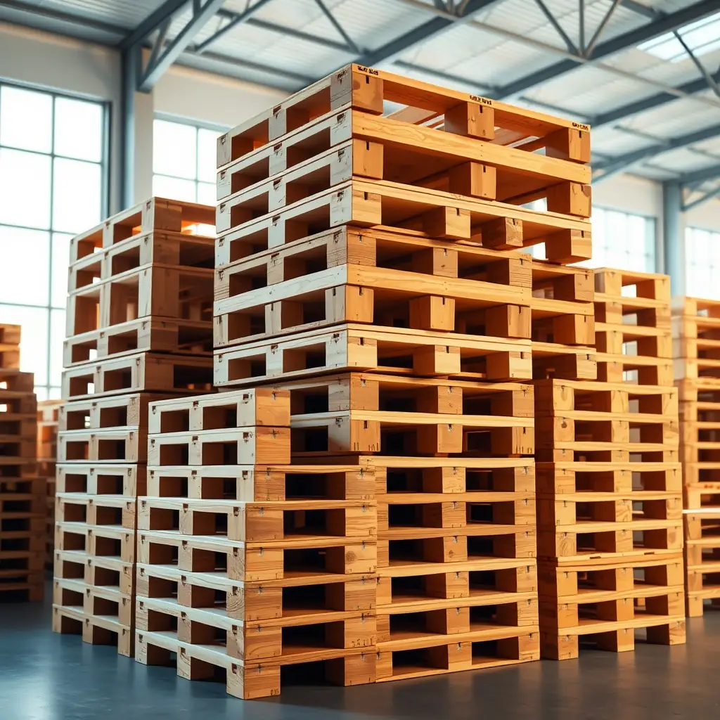 Stacks of wooden pallets in warehouse