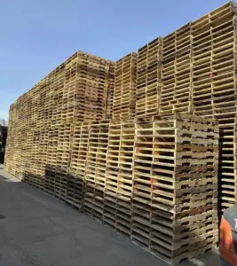 Stacks of recycled wood pallets at the Express Pallet Collection yard in Surrey, BC